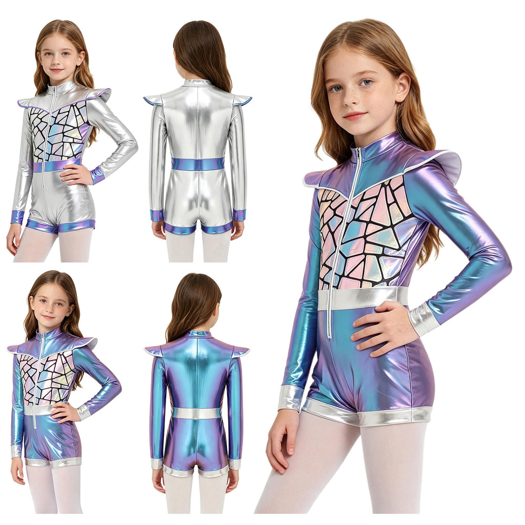 inhzoy Body Metálico De Lantejoulas Brilhantes Para Meninas , Gola Alta , Manga Comprida , Placas De Ombro , Zíper Front
