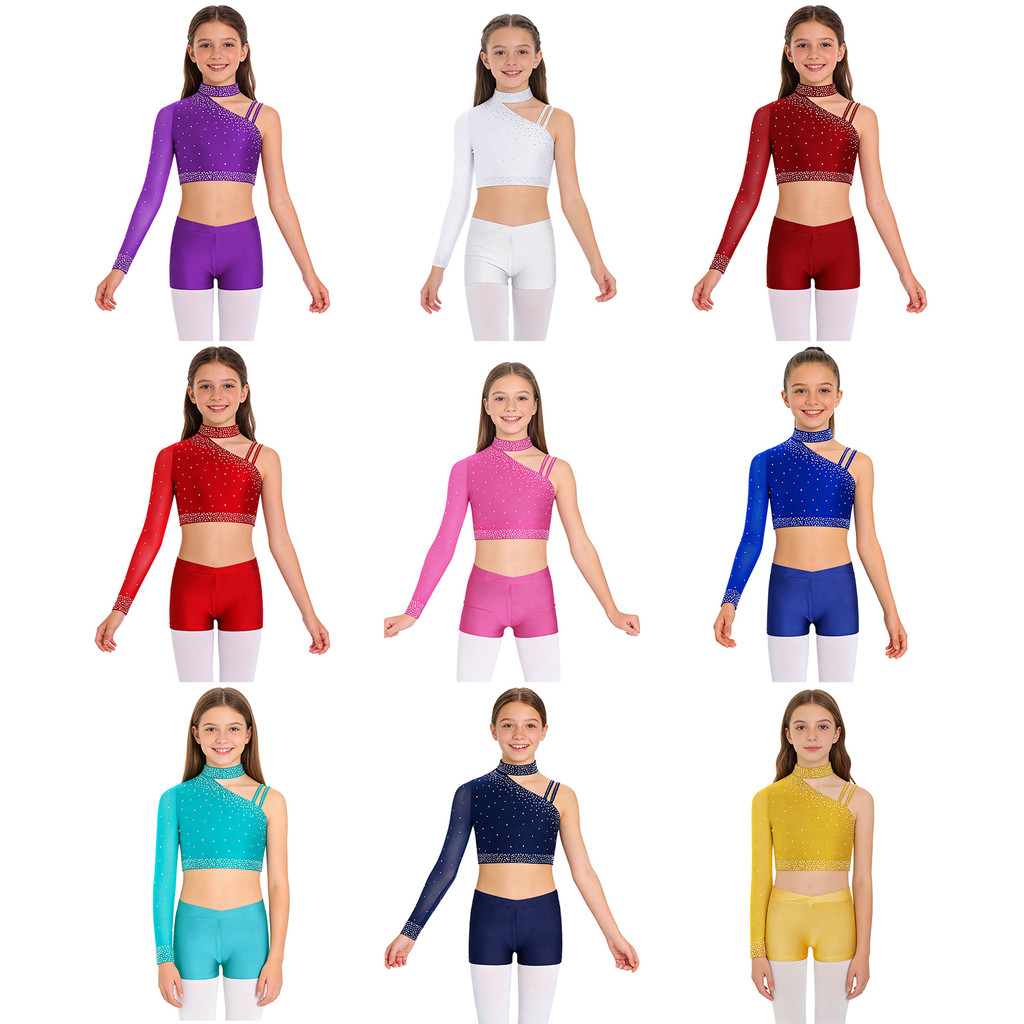 inhzoy Crianças Meninas Strass Brilhantes Dança Topos Único Ombro Irregular Colheita Topo Com V-front Cintura Shorts Tra