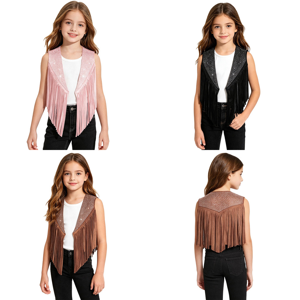 inhzoy Girls Western Cowgirl Costume Cowboy Tassels Fringe Vest Sparkly Rhinestones Sleeveless Open Front Waistcoat