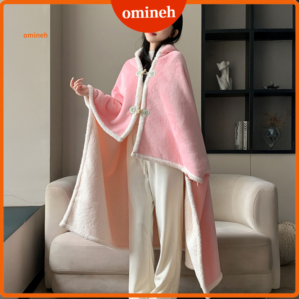 Warm Cape Blanket Plush Hooded Cozy with Hood and Button Double-sided Throw White Trim Office Nap Comfort Wrap for Home