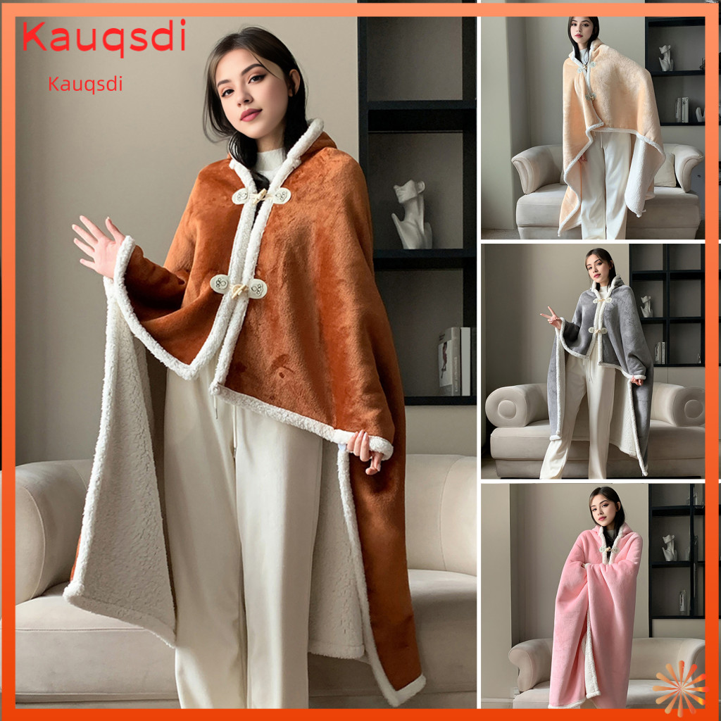 Plush Hooded Cape Warm Blanket Cozy with Hood and Button Double-sided Throw White Trim Office Nap Comfort Wrap for Home