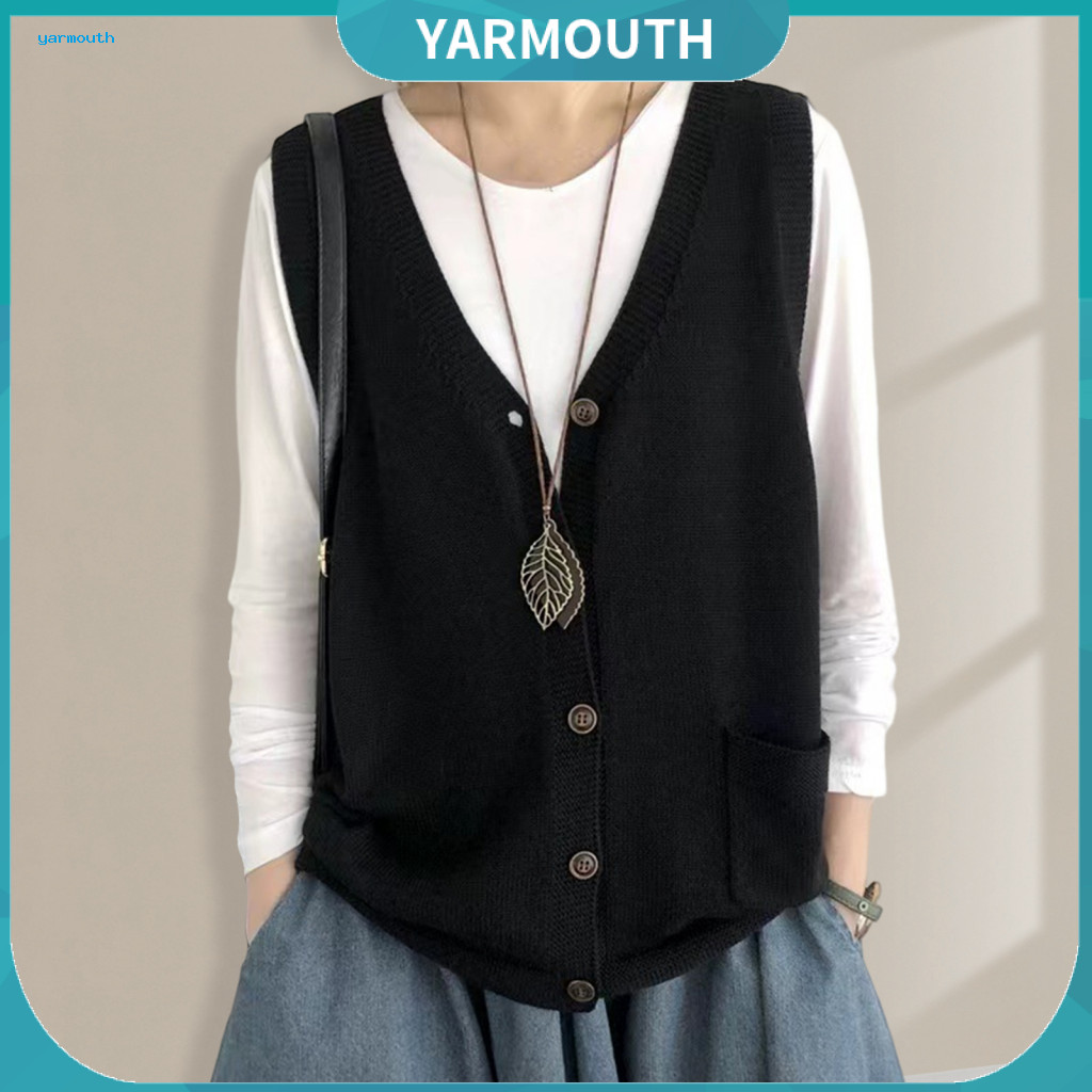 Comfortable Women Vest Women’s Knitted V-neck Waistcoat Single Breasted Warm Loose Fit Tank Top with Pockets – Styli