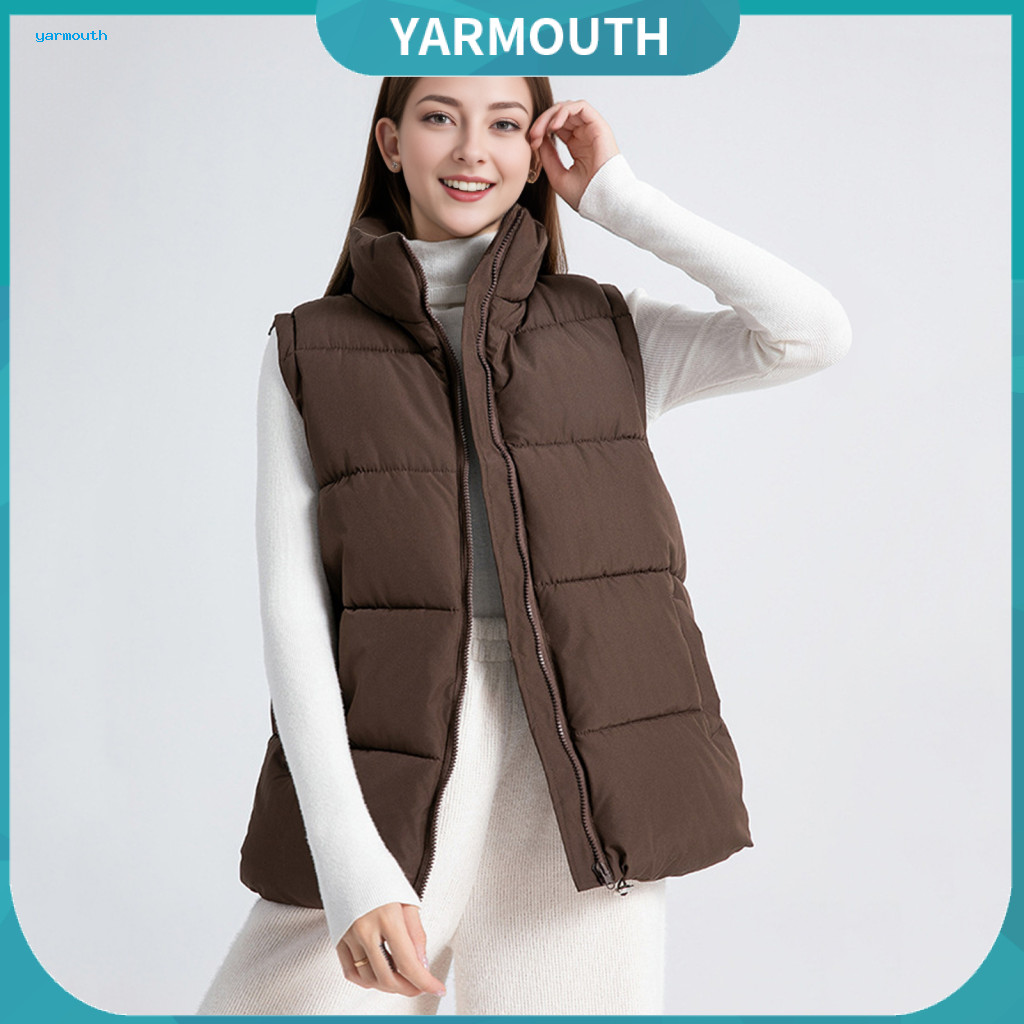 Women Vest Zipper Closure Women’s Winter Padded Waistcoat with Stand Collar Thick Outdoor Pockets Mid-length Warm Coat