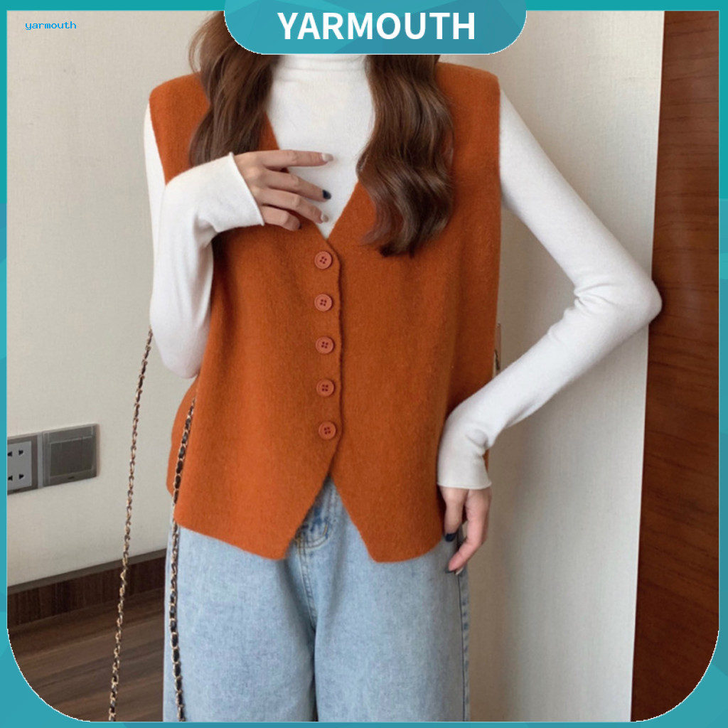 Women Short Vest Single-breasted Sweater Women’s Fall Winter Knitted V Neck Button-down Thick Warm Loose Fit Top for L