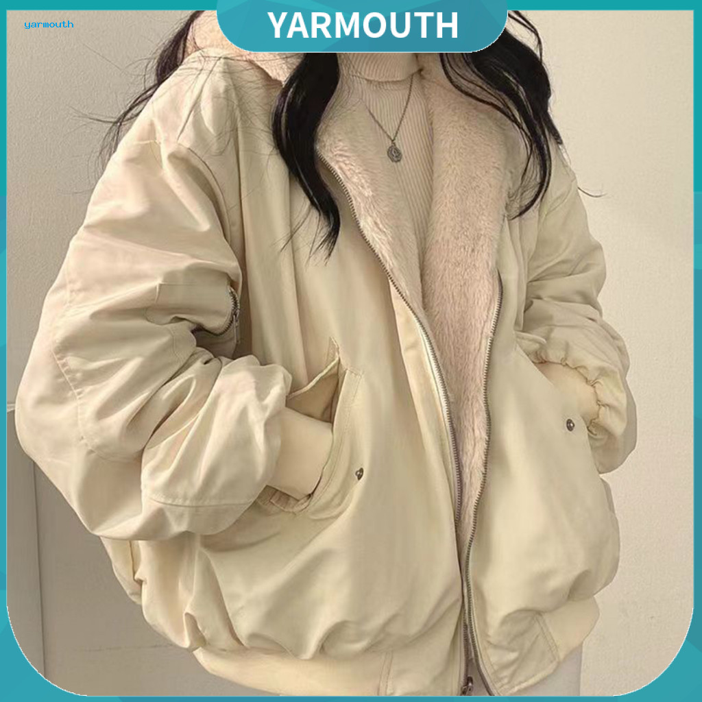 Women Cotton Jacket Solid Color Warm Winter Thickened Fleece Lined Double-sided Wear Hooded Coat with Pockets Windproof