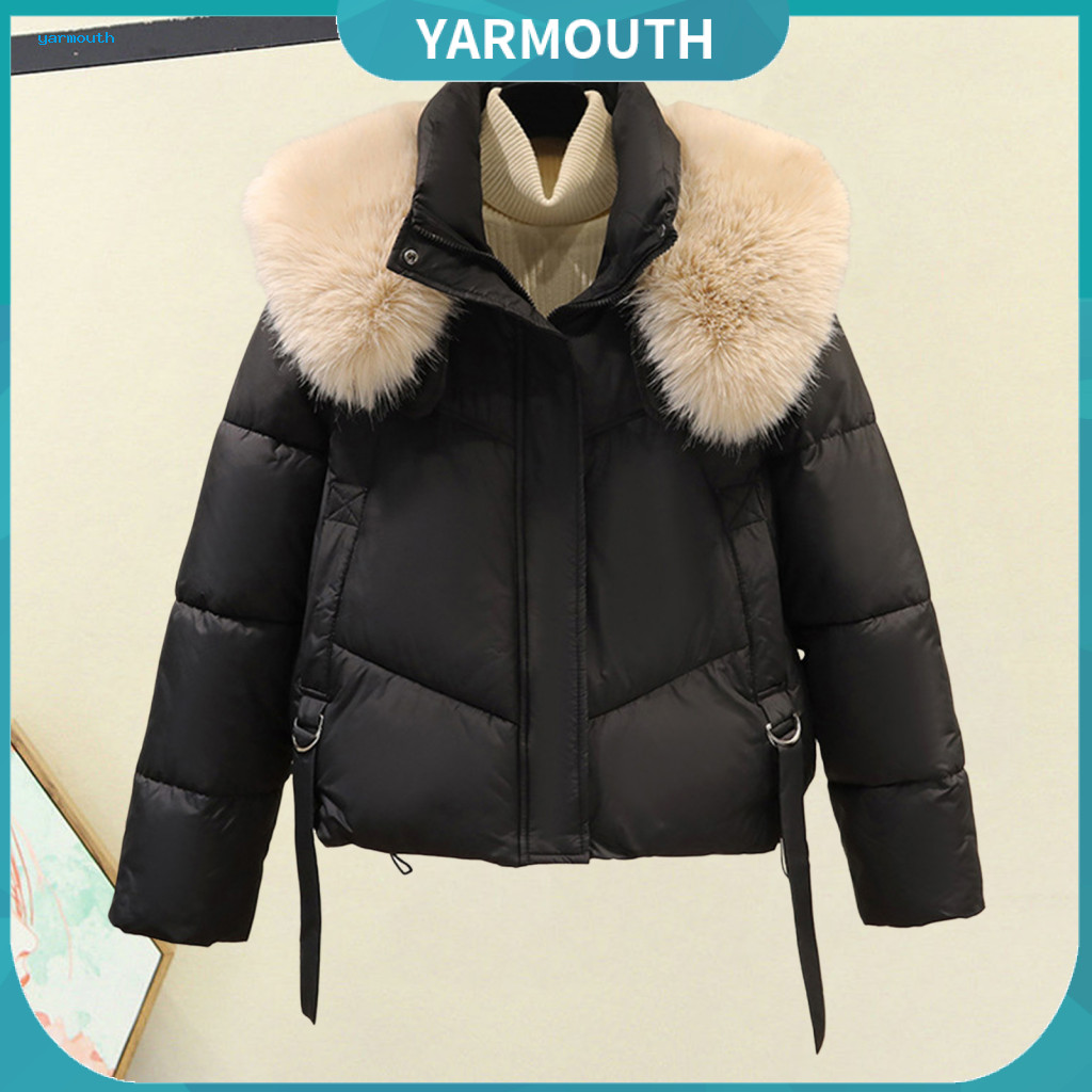 Winter Outerwear Women Cotton Coat Down Padded Hooded Parka with Furry Collar Zip-up Windproof Jacket Warm Strap Decor P