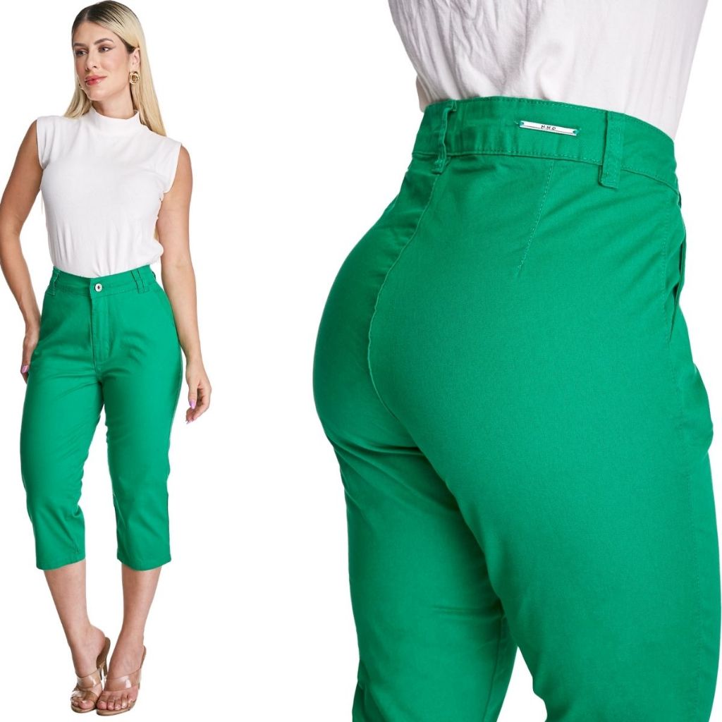 Calça Capri HNO Jeans Sarja Cintura Alta Elastano Classic Verde
