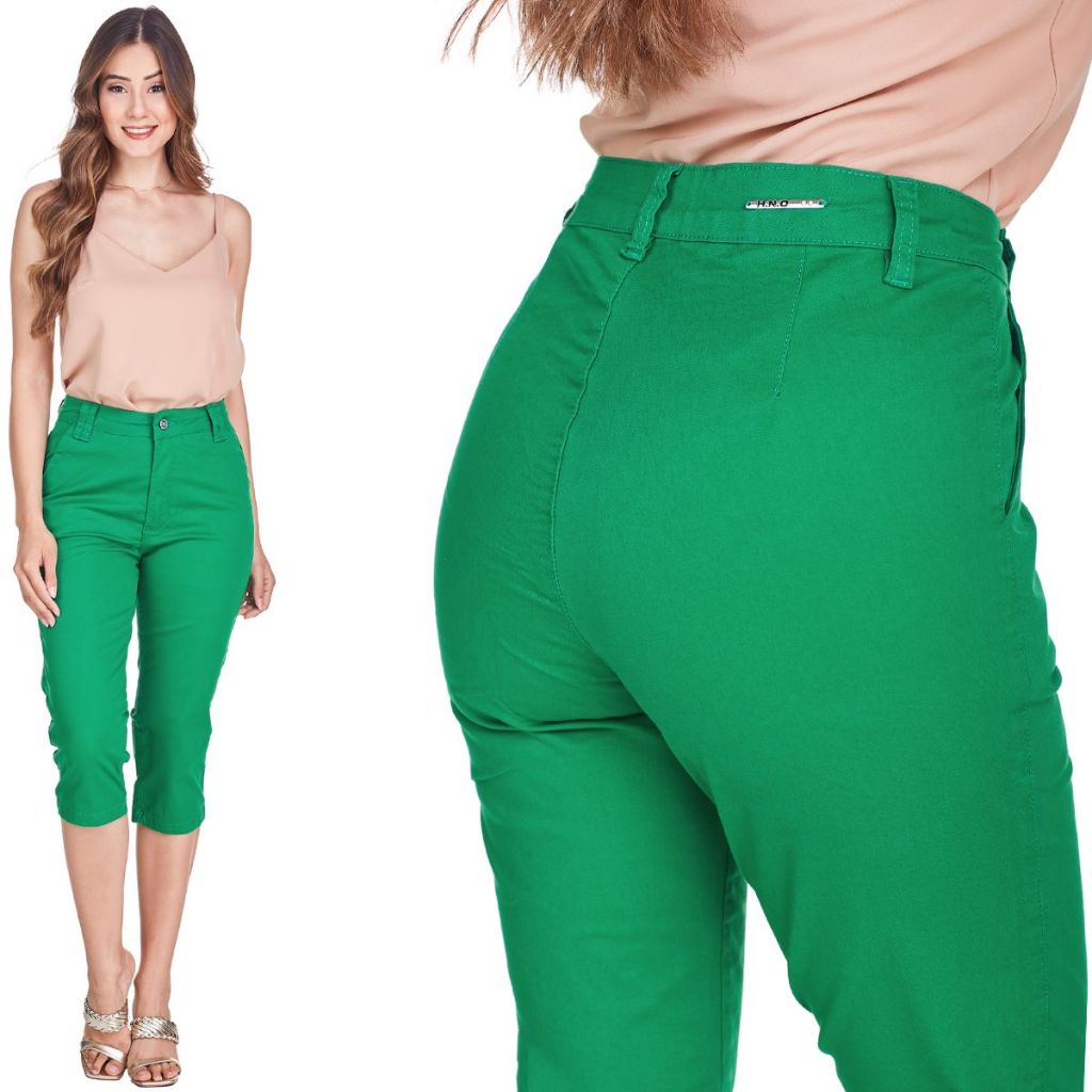 Calça Capri Feminina Sarja Cintura Alta Classic Verde Premium