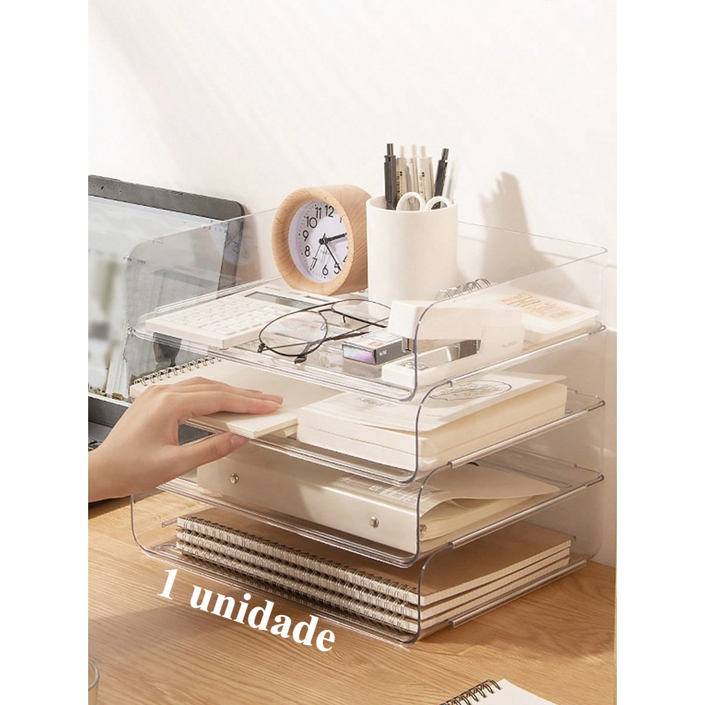 Bandeja Arquivo Papel Mesa Escritorio Organizador 1 Unidade Para Montagem de Camadas Simples Decoração Acrilico Cristal Transparente Como Vidro Folha A4 Documentos Balcão