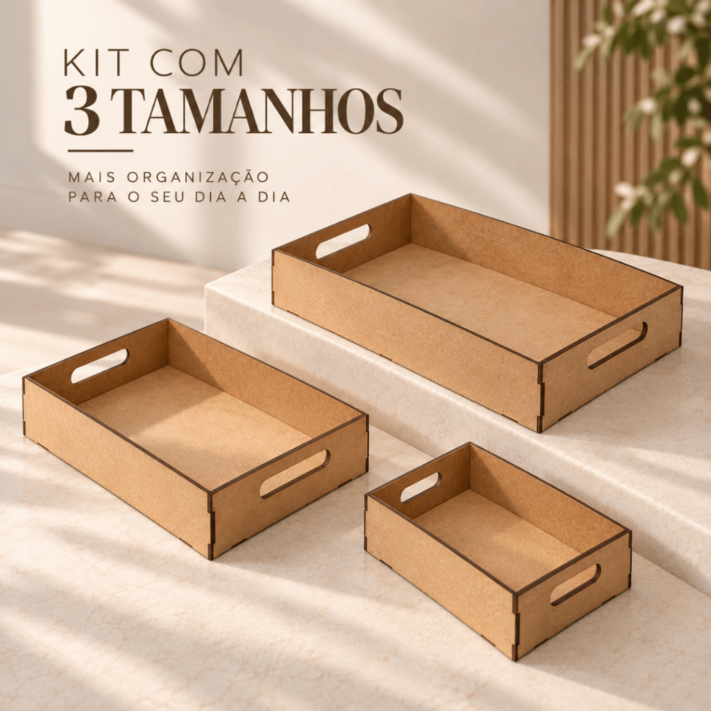 Kit 3 Bandejas MDF Cru com Alça Grande Média Pequena para Cesta Café da Manhã e Decoração