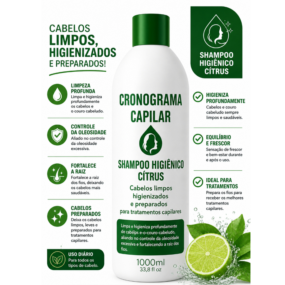 Shampoo Higiênico Cítrus Cronograma Capilar 1 Litro Detra Controle de Oleosidade e Fortalecimento
