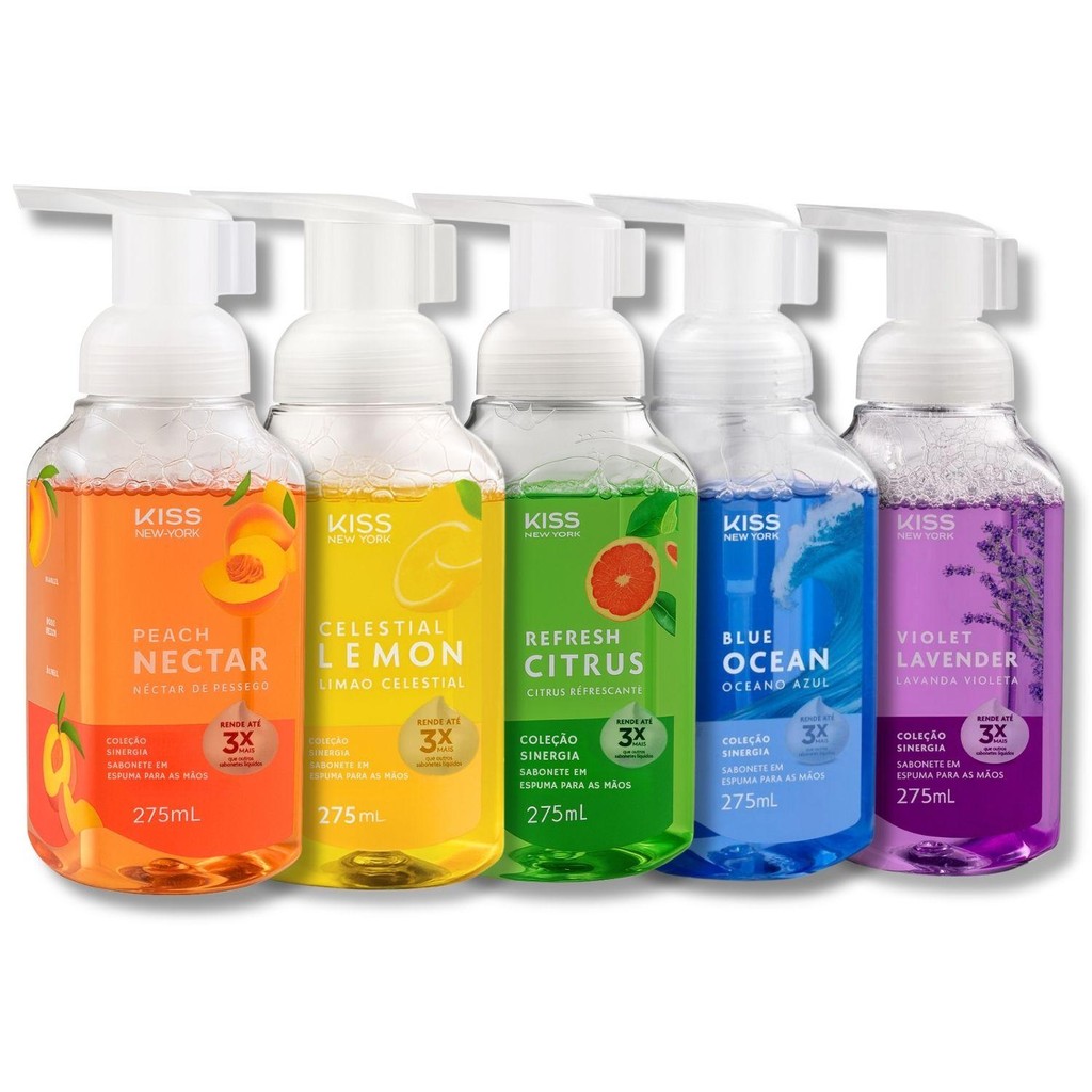 Kit Kiss Ny Sinergia 5 Sabonetes em Espuma: Lemon, Lavender, Peach, Citrus e Ocean 275ml