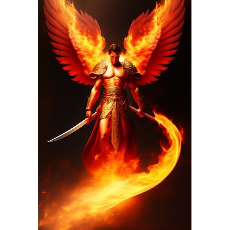 QUADRO DECORATIVO PLACA MDF-ARCANJO URIEL VOANDO COM SUA ESPADA E SEU CHICOTE DE FOGO