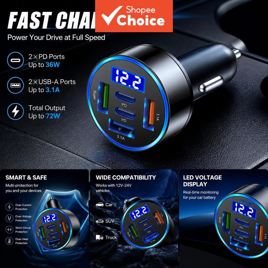 Car Charger QC3.0 Tipo-C de Carga Rápida Case Transparente PD para iPhone 16 15 14 13 12 Xiaomi Poco Samsung Carregador