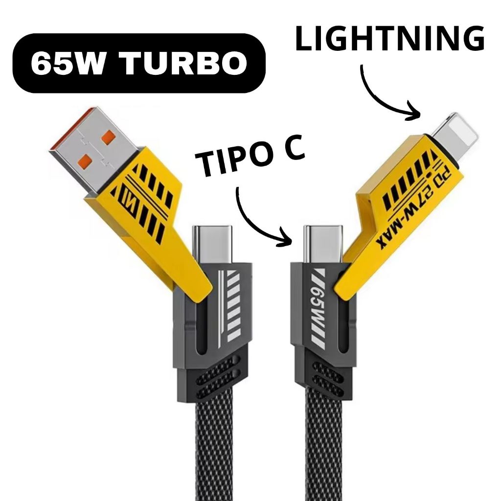 Cabo Turbo 65w Trançado 4 in 1 P/iphone X 11 12 13 14 15 16 17 SAMSUNG A16 17 S23 24 25 POCO REDMI