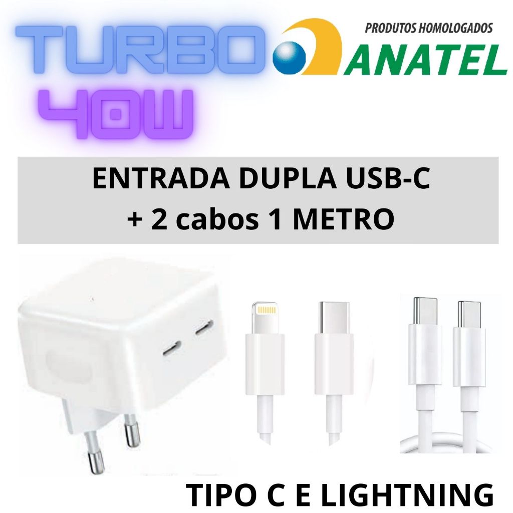 Fonte 40w Usb-c Dupla + 1 OU 2 Cabos P/iPhone XR 11 12 13 14 15 16 17 SAMSUNG MOTO G Y Z POCO REDMI