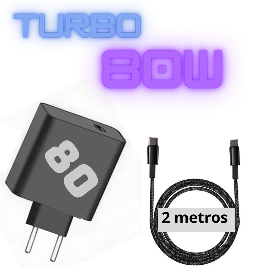 Fonte Carregador Turbo 80w PRETO+ Cabo 1-2 Metros P/iPhone 15 16 17 Moto G Y Z REDMI POCO