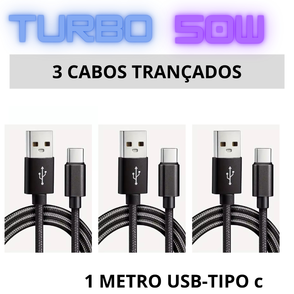 3 Cabos 50W ULTRA RÁPIDO Resistente USB-TIPO C compatível para iPhone 15 16 17 Moto G X Z Redmi Poco