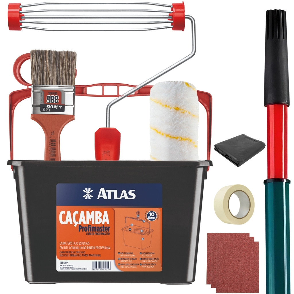 Caçamba Balde Pintura 10L + Rolo 23cm Antirespingo + Suporte Garfo + Trincha 50mm + Cabo Extensor 2m