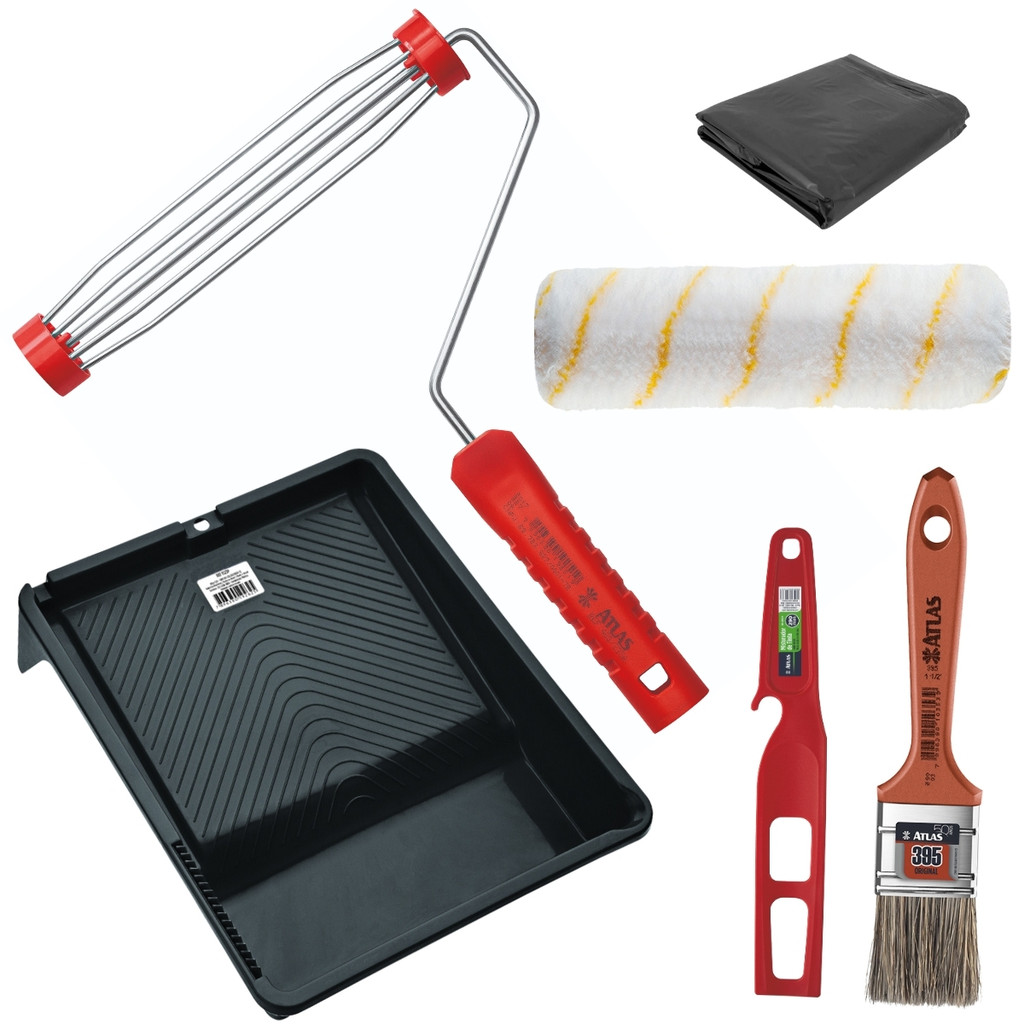 Rolo Antirespingo + Suporte 23cm + Bandeja 2,7L + Trincha Pincel 50mm + Misturador Plástico + Lona