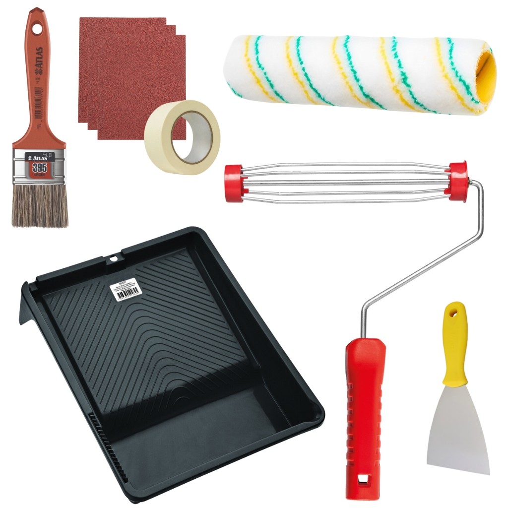 Rolo de Pintura Poliamida + Suporte Garfo Gaiola 23cm + Bandeja + Pincel Trincha 50mm + Espátula