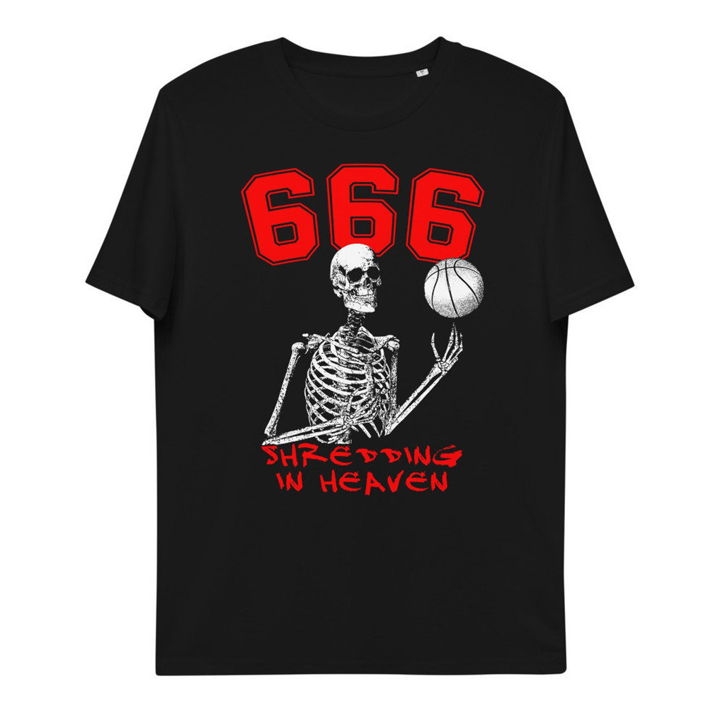 Camiseta Preta Unisex, Alta Qualidade, Design com Esqueleto e Bola de Basquete, Textos 