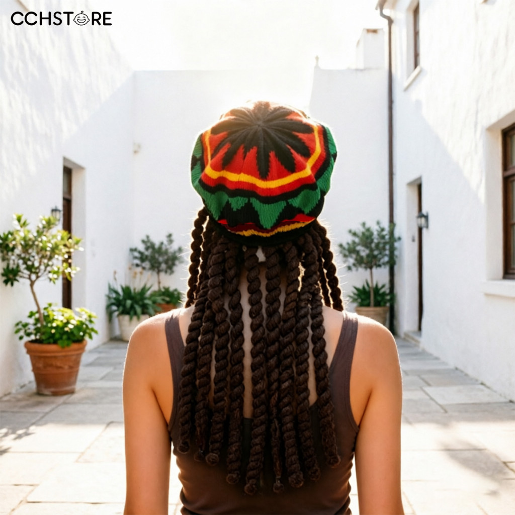 Traditional Color Beret Hat Black Braided Wig Colorful Jamaica with Pigtail – Yellow Green Cosplay Headwear for Hallow