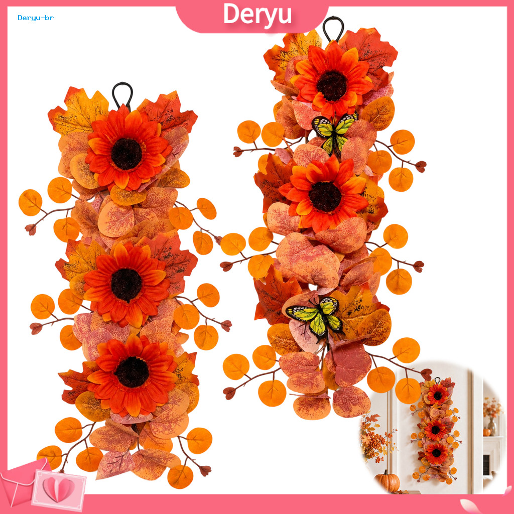Artificial Autumn Wreath for Front Door Butterfly Leaf Fall Sunflower Wall Hanging with Maple Garland and – Harvest fo