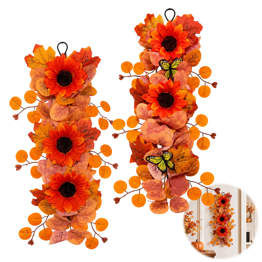 Artificial Fall Sunflower Wall Hanging with Maple Leaf Garland and Butterfly – Autumn Harvest Wreath for Indoor Outdoo