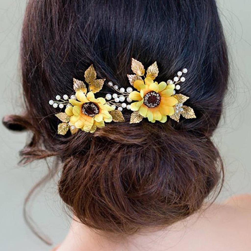 JAKAWIN Sunflower Wedding Hair Clips Accessories Gold Leaf Hair Pins for Women