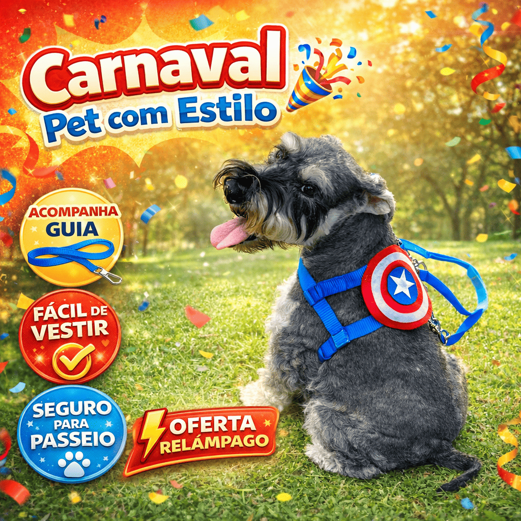 Peitoral Pet Ajustável com Guia Diversos Personagens Fantasia Pet Masculino para Cães Pequenos e Médios Coleira Gaby Pe