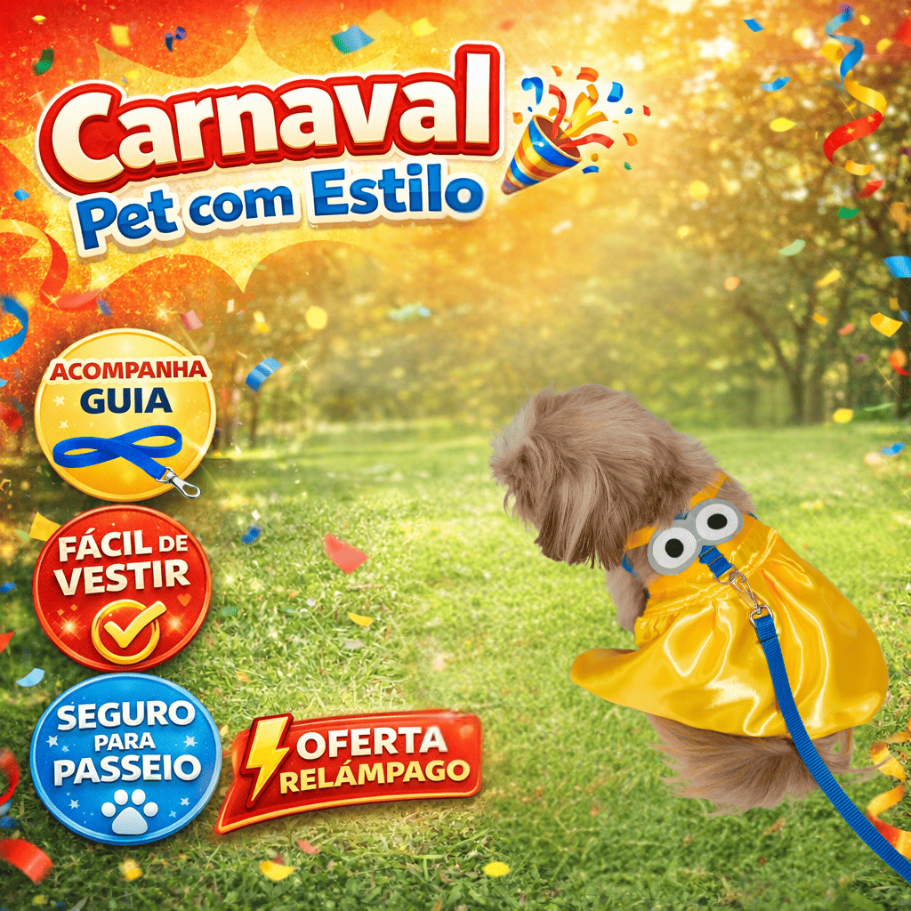 Roupa Peitoral Vestido Pet Minions – Coleira com Guia para Cães Pequenos e Médios Gaby Pet Ajustável Fantasia Carnaval