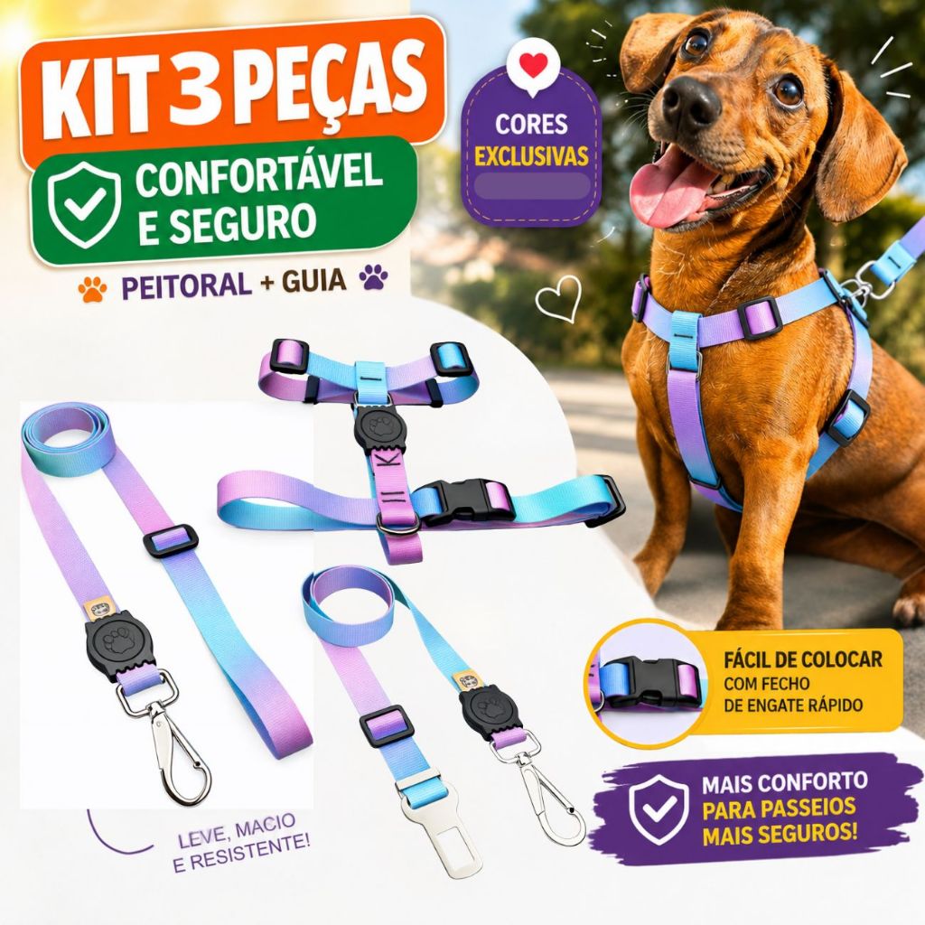 Kit Coleira Peitoral antipuxão e Cinto para carro Cães de porte pequeno e médio