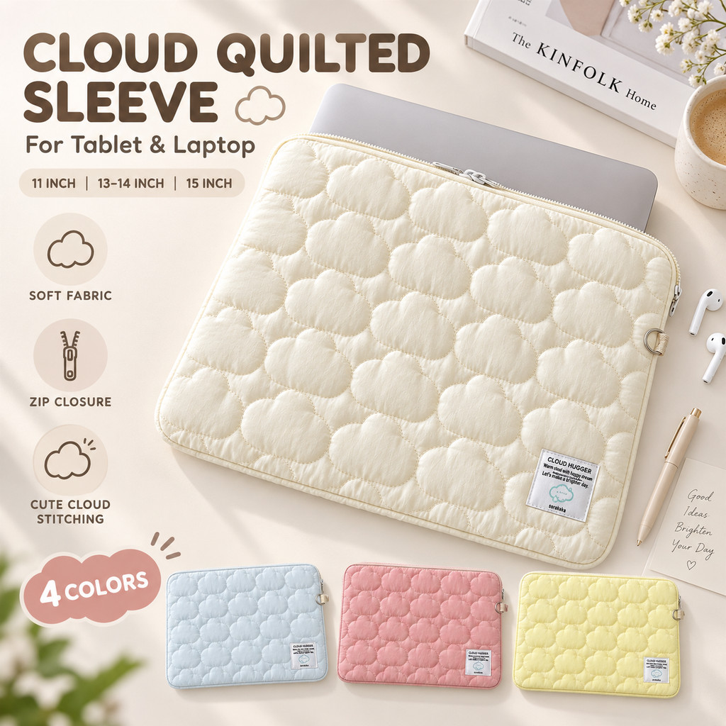 Capa para Tablet e Notebook Acolchoada Nuvem 11 13 14 15 Polegadas Tecido com Zíper Estilo Coreano 4 Cores
