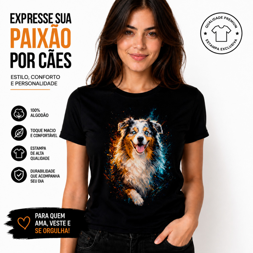 Camiseta PET Australian Shepherd Estampa Colorida Unissex em Algodão Premium Preta e Azul-Marinho Adulto e Infantil