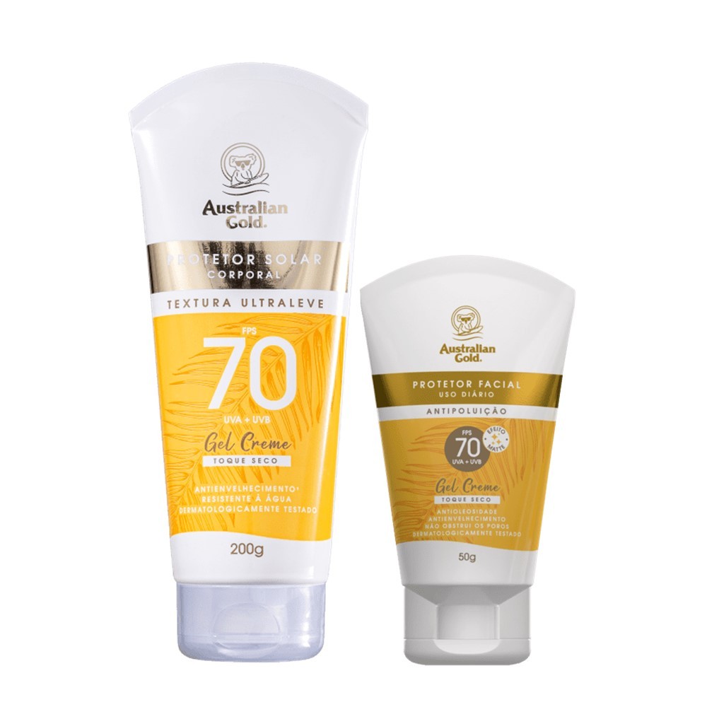 Kit Protetor Solar Corporal 200g e Faciel 50g Gel Creme FPS70 Australian Gold