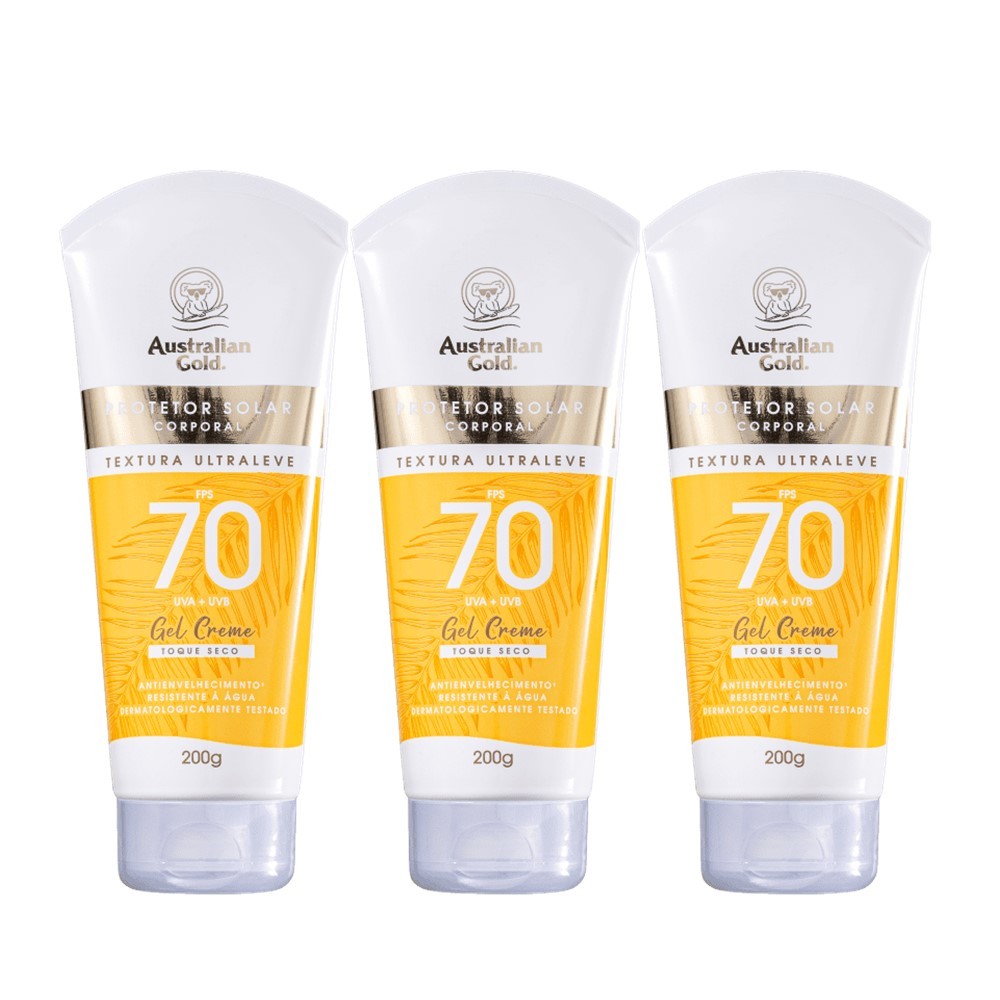 Kit 3 Protetor Solar Corporal Gel Creme FPS70 Australian Gold 200g