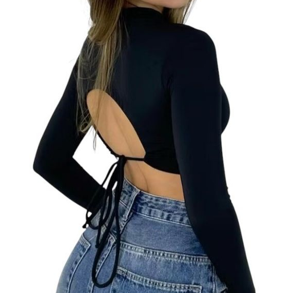 Cropped Feminino Manga Longa Costa Nua com Amarração em Suplex Premium com Gola Média Pâmella