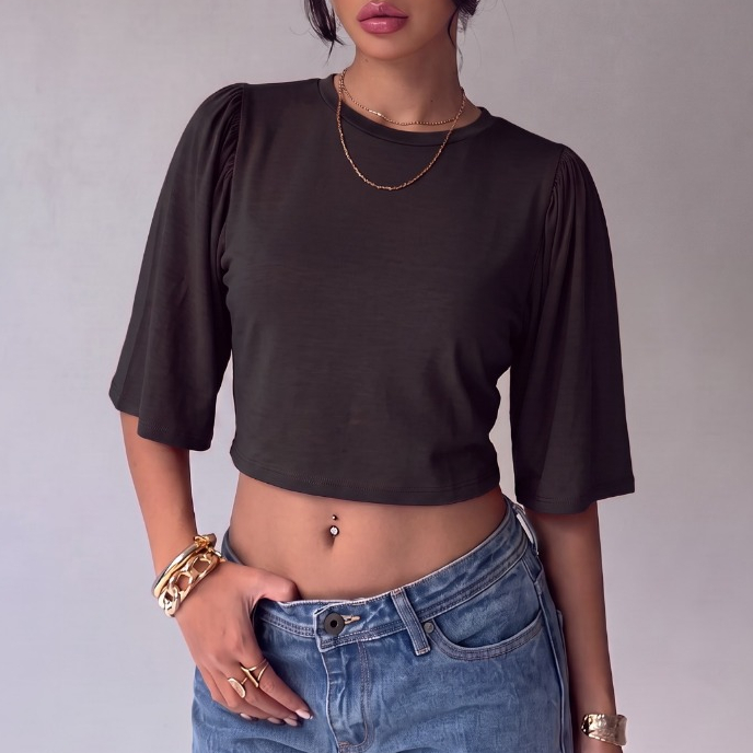Blusa Cropped Feminina Soltinha Manga Flare Bufante Viscolycra Blogueira