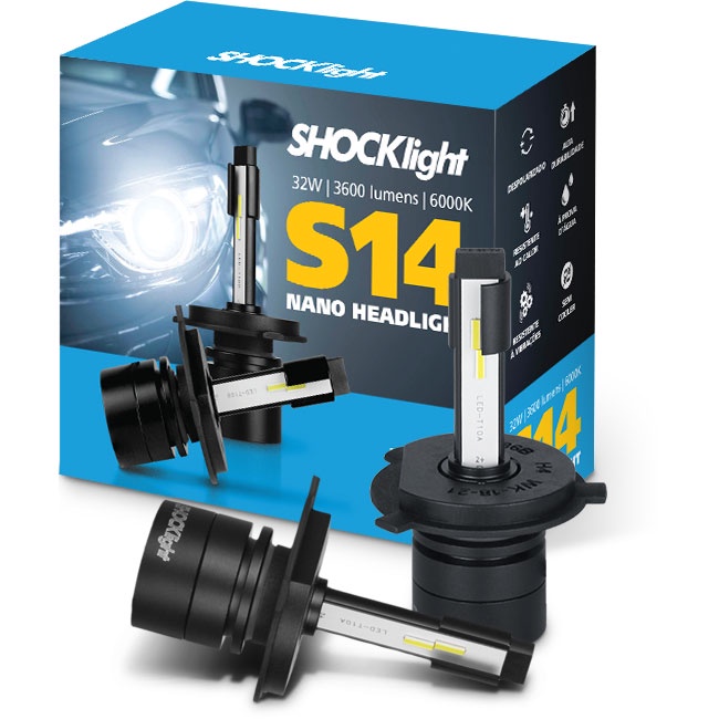 SUPER LED HEADLIGHT H4 S14 NANO 6000K 12V 32W 3600LM 2 LAMPADA (ALUMINIO SEM COOLER) EFEITO XENON SUPER BRANCA SHOCKLIGHT