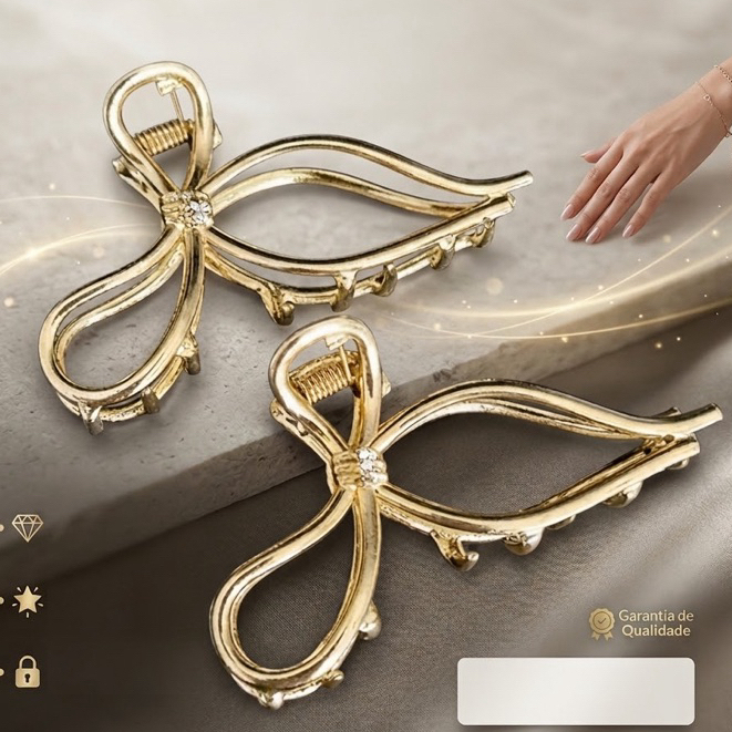 Prendedor de Cabelo Laço Elegante Piranha Metal Dourado/Prata 7,5 cm