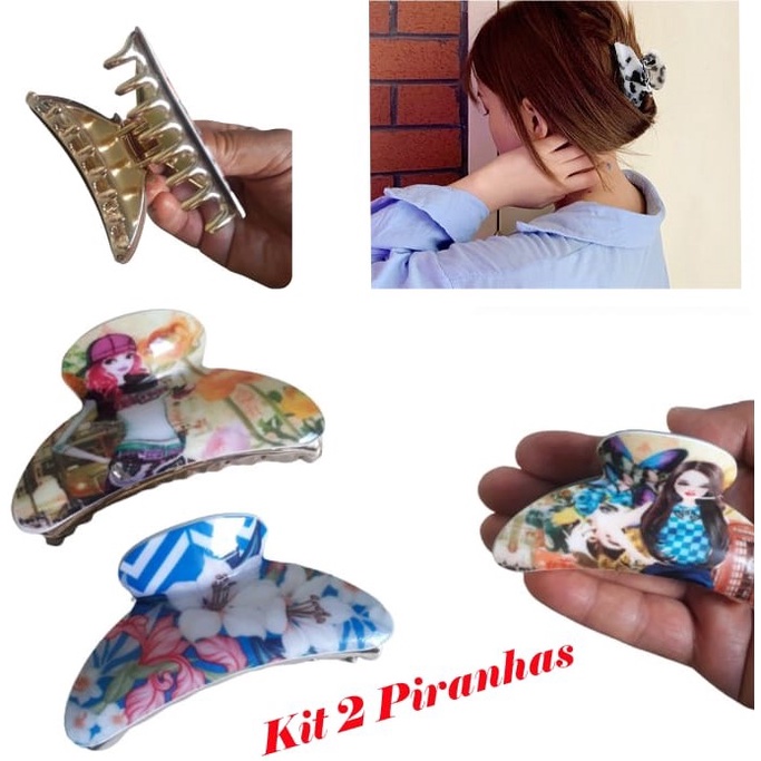 Kit Feminino 2 Prendedor de Cabelo Piranha Acrílico Estampado Reforçado Lindos