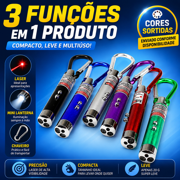 Caneta Laser 3 em 1 Mini Lanterna LED Chaveiro Portátil Ponteiro Laser Cores Sortidas