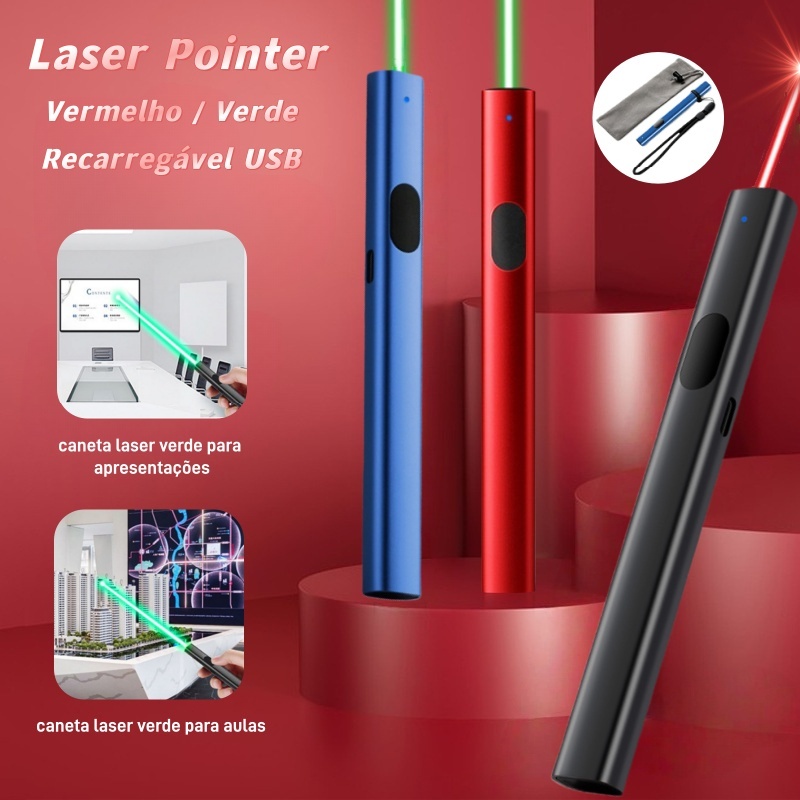 Caneta Laser Verde/Vermelha Caneta Pointer Recarregável USB Feixe Visível e Prático Forte Luz  Para Palestras e Reuniões