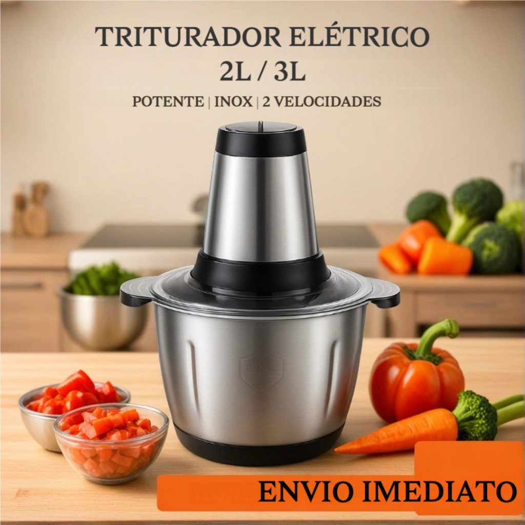 Triturador Moedor Processador Elétrico 2L/3L Multifuncional 110V/220V Alimentos Carnes Legumes Aço Inox NO BRASIL