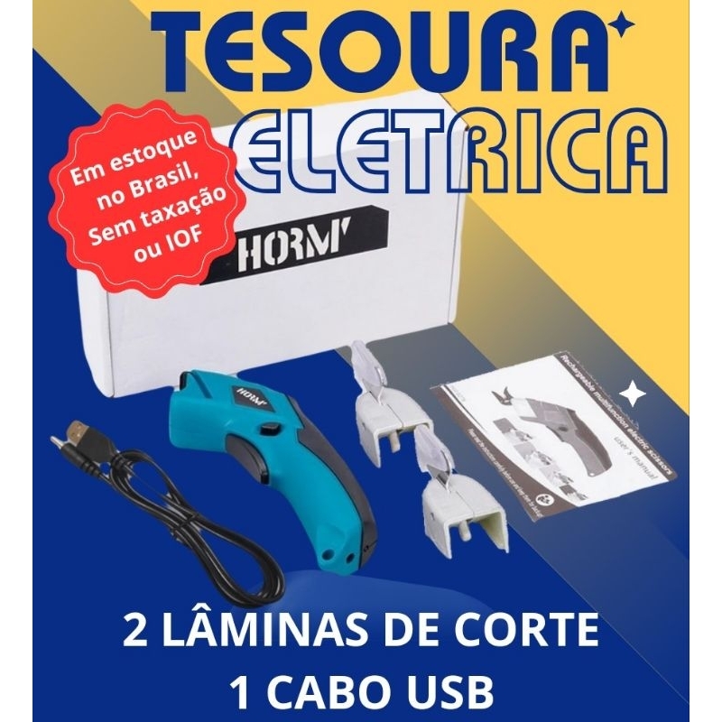Tesoura Elétrica Portátil USB 110V/220V Sem Fio. Estoque no Brasil, sem taxas.