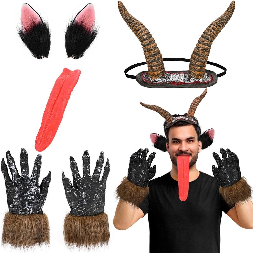 4 Pcs Christmas Monster Accessory Set Includes Antelope Horn Headband, Fake Tongue,Props Anime Ear, Monster Gloves for C