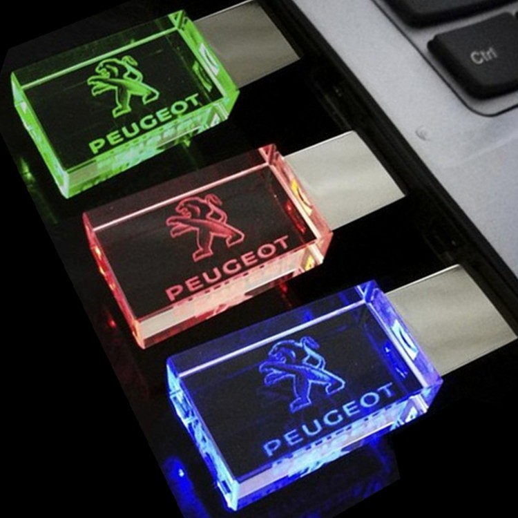 [Estoque pronto] Peugeot logotipo do carro cristal vidro LED luminoso disco U 8GB/16GB/32GB/64GB unidade Flash USB para