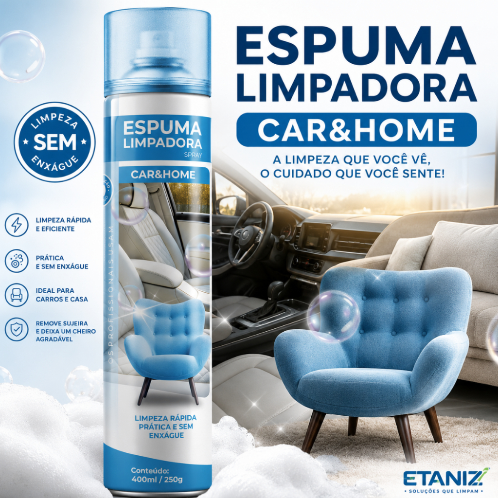 Espuma Limpadora Spray Etaniz Car & Home 400ml Limpeza a Seco para Bancos Sofás Carpetes Painel Sem Enxágue