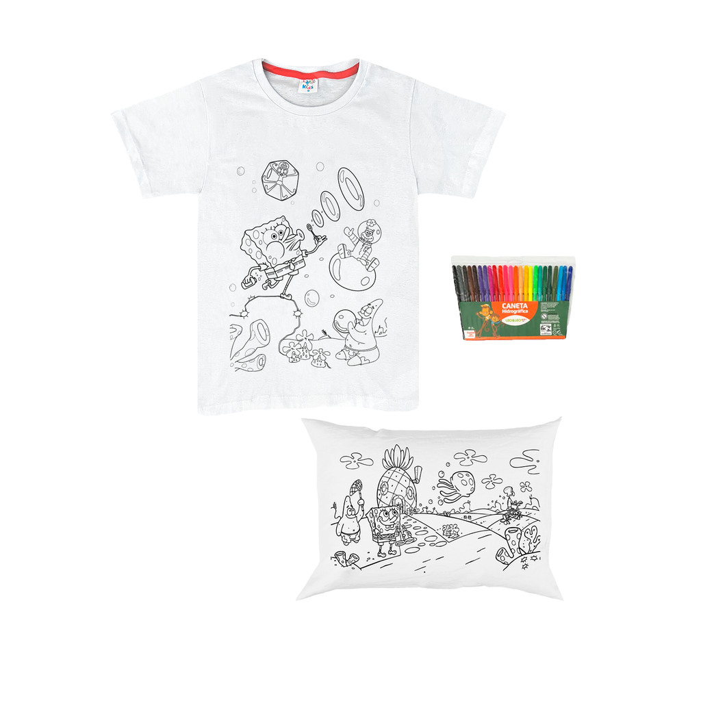 Kit com Camiseta, Almofada e Kit de Canetinhas 24 Cores | Bob Esponja | Pinte e Lave - 09/09 Promoção